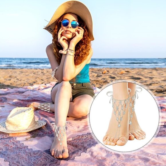 Barefoot Sandals Starfish Rhinestones Bead Chain Adjustable for Beach Parties - Picture 2 of 7